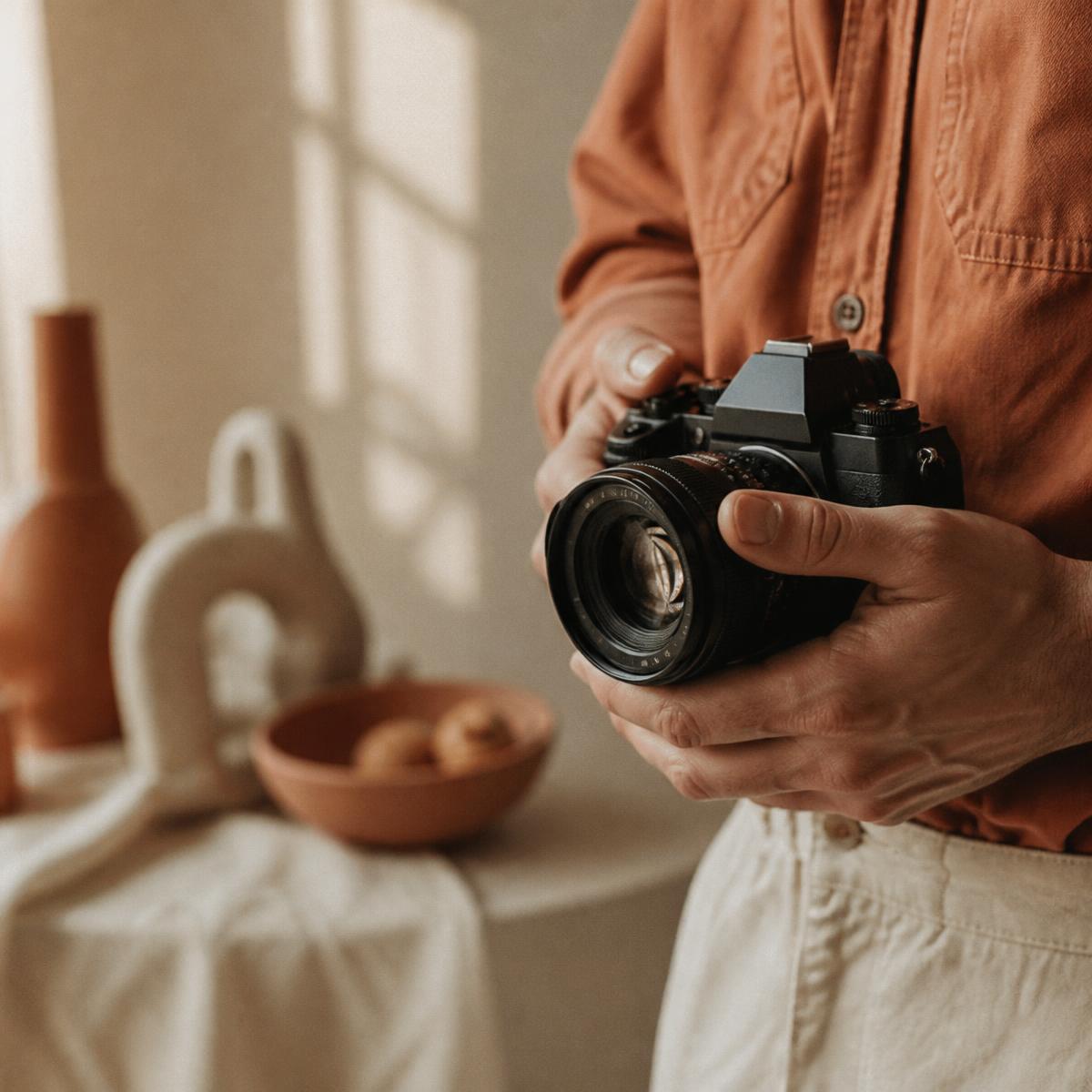 Photographer holding a camera in a warm studio