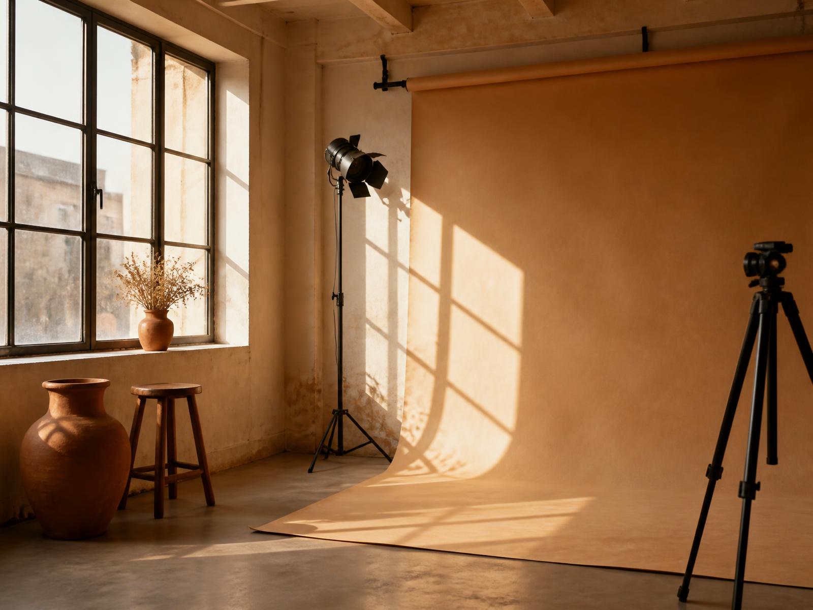 Sunlit photography studio with a paper backdrop and tripod